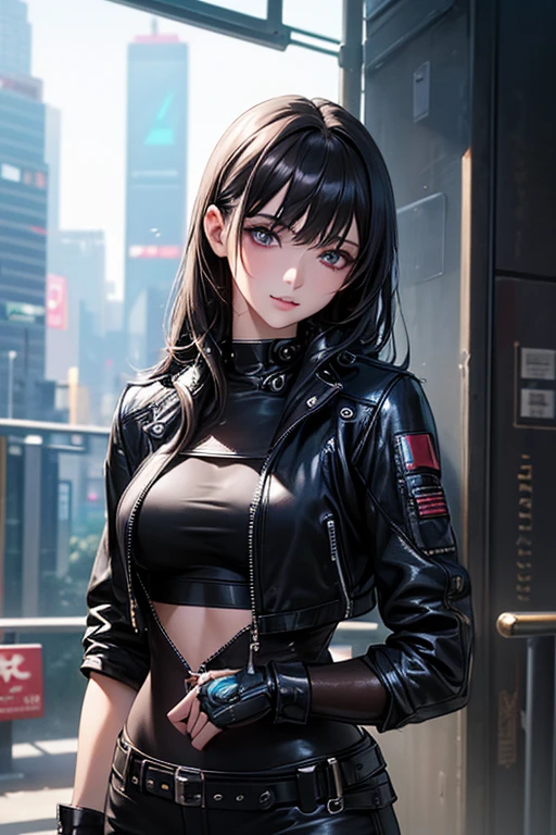 ((Highest quality)),(超High resolution),(Very detailed),(Detailed Description),((The best CG)),(masterpiece),Ultra-detailed art、(Highest quality、8k、32K、masterpiece)、(Realistic)、(Realistic:1.2)、(High resolution)、Very detailed、Very beautiful face and eyes、1 female、Tight waist、Delicate body、(Highest quality、Attention to detail、Rich skin detail)、(Highest quality、8k、Oil paints:1.2)、Very detailed、(Realistic、Realistic:1.37)、Bright colors、Beautiful Japanese Woman、Detailed face、Smooth Skin、Big Breasts、A young woman in her early 20s、Shopping in a futuristic cyberpunk city。She has shoulder-length black hair、Includes neon blue highlights。Her eyes are bright、It has a built-in holographic display。She dresses stylishly and hi-tech.、Black leather jacket with LED accents、Metallic silver crop top、And she's wearing high-waisted iridescent leggings.。The boots are knee-high、Comes with built-in gadgets。She's carrying a small holographic handbag。Around her、Neon sign、hologram、Flying cars are everywhere。The city streetr.々A futuristic person々It is bustling with robots.、Skyscrapers with digital billboards、There is a bustling market with high-tech shops.。