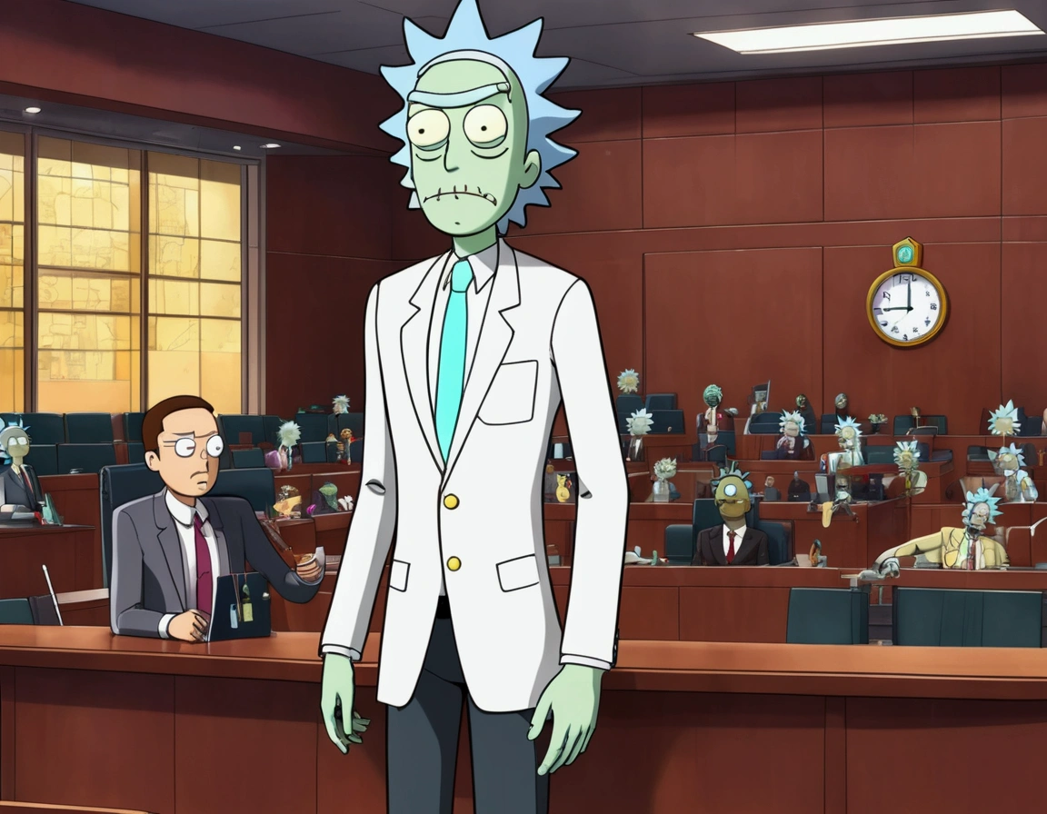 Clock work lawyer (very human, female, obvious mechanical seams at joints, doll like formal suit with mini skirt, glassy eyes) is in a court room, she is question Rick of rick and Morty (science outfit, witness stand), court room