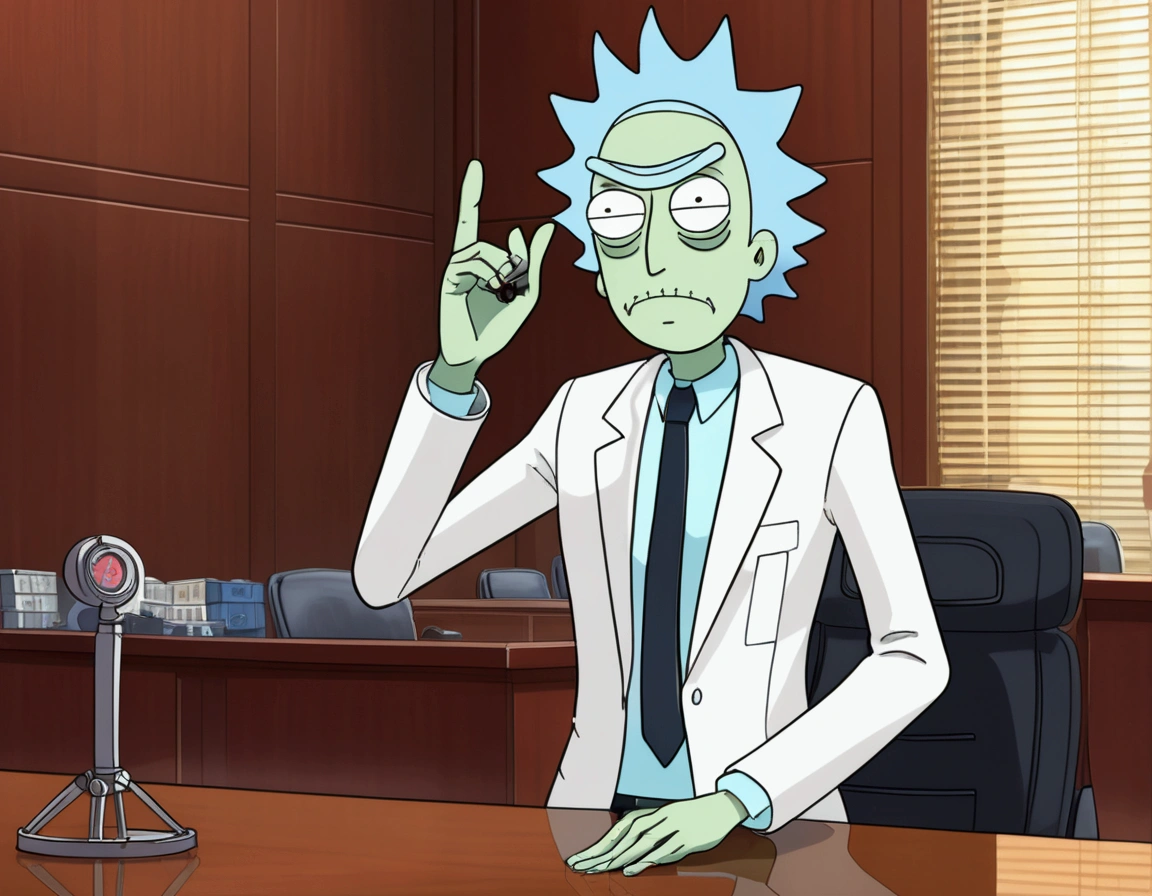 Clock work lawyer (very human, female, obvious mechanical seams at joints, doll like formal suit with mini skirt, glassy eyes) is in a court room, she is question Rick of rick and Morty (science outfit, witness stand), court room