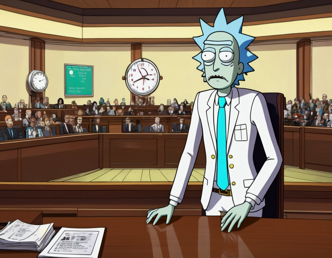 Clock work lawyer (very human, female, obvious mechanical seams at joints, doll like formal suit with mini skirt, glassy eyes) is in a court room, she is question Rick of rick and Morty (science outfit, witness stand), court room