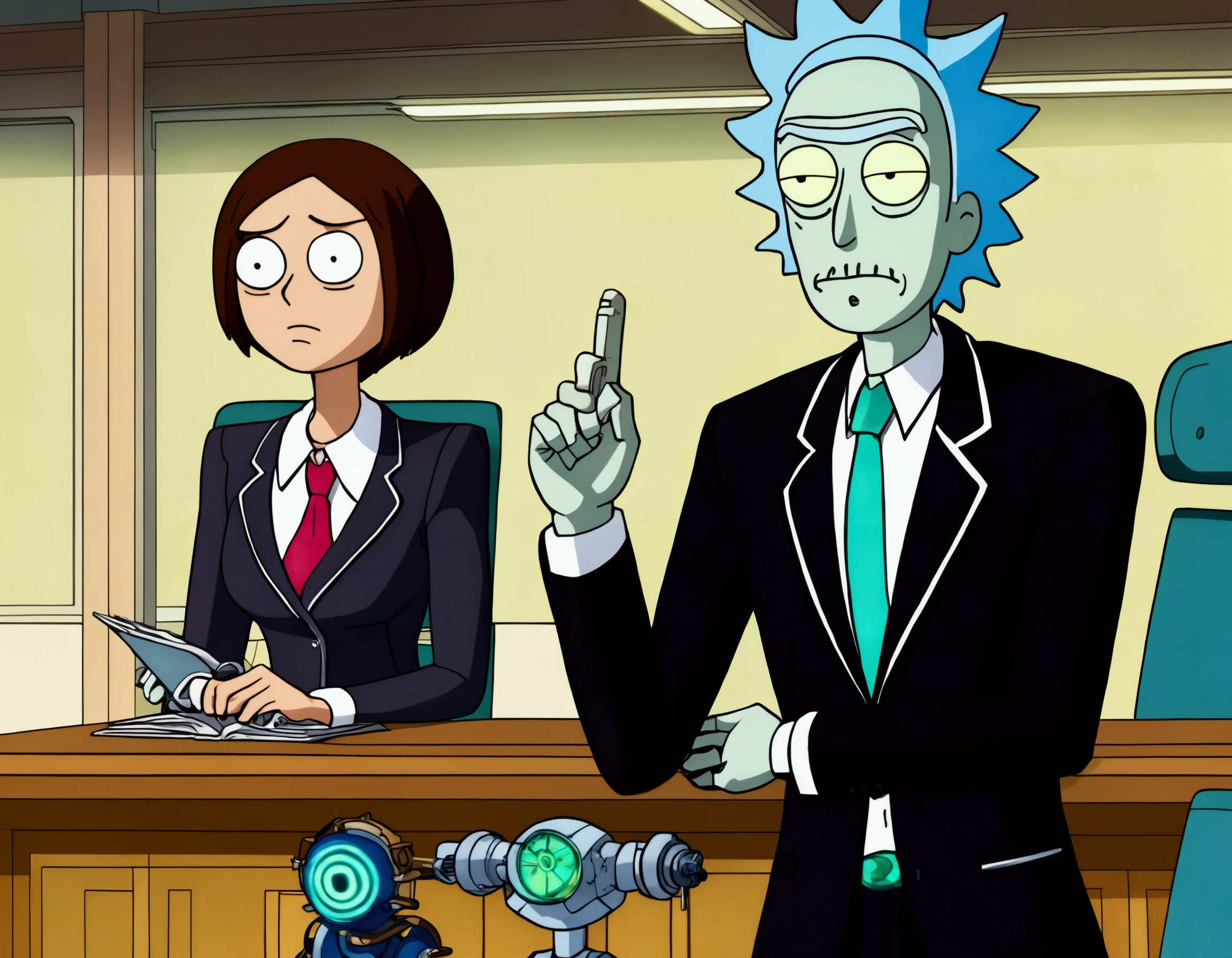 Clock work lawyer (very human, female, obvious mechanical seams at joints, doll like formal suit with mini skirt, glassy eyes) is in a court room, she is question Rick of rick and Morty (science outfit, witness stand), court room