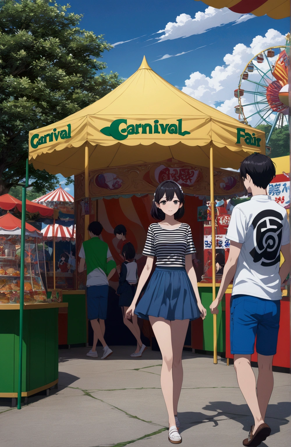 anime illustration of teenage couple walking together at carnival fair, front view, looking at viewer, (1girl, solo,full body), (masterpiece, best quality)
