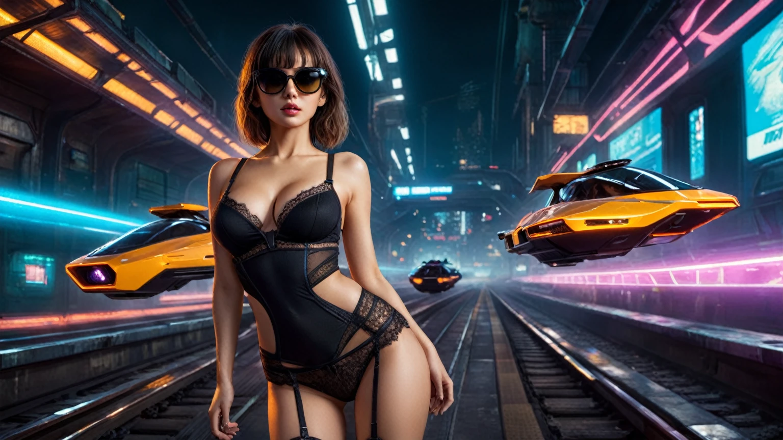 (aerial view), Blade Runner style futuristic outdoor railway platform at night, (flying cars), neon lights. (1girl, solo, alone), large-breast:1.2 slim body, slim:0.9 face, cleavage:1.1, t-shirt, sexy micro laced lingerie, bra strap, (black sunglasses), ((she raised a pistol:1.8 and shot the viewer)), dynamic pose, ((half-body thigh level medium shot)), cinematic lighting, lens flare, ray tracing, radial background blur:1.4.