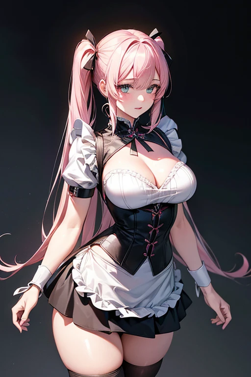 ((Highest quality)),(超High resolution),(Very detailed),(Detailed Description),((The best CG)),(masterpiece),Ultra-detailed art、(Highest quality、8k、32K、masterpiece)、(Realistic)、(Realistic:1.2)、(High resolution)、Very detailed、Very beautiful face and eyes、1 female、Tight waist、Delicate body、(Highest quality、Attention to detail、Rich skin detail)、(Highest quality、8k、Oil paints:1.2)、Very detailed、(Realistic、Realistic:1.37)、Bright colors、Beautiful Japanese Woman、Detailed face、Smooth Skin、Big Breasts、A young woman in her early 20s、I work as a maid in a cyberpunk town.。She has long, straight pink hair in twin tails.、Tied with neon green ribbon。Her eyes are big、It is cybernetically enhanced、It has a luminous, otherworldly appearance.。She is wearing a futuristic maid outfit.、The black and white dress features metallic accents.、She wears a fitted bodice with a high collar and a short skirt with holographic ruffles。She is wearing thigh-high stockings with LED patterns、She's wearing shiny black boots。Her accessories include、A headband with cybernetic cat earr.々There is a small apron with some high-tech gadgets.。In the background、Holographic advertising、Flying cars、You'll see bustling neon-lit cityscapes filled with advanced robot residents.。The inside of the cafe where she works、A stylish, high-tech cafe with glowing tables and futuristic décor。