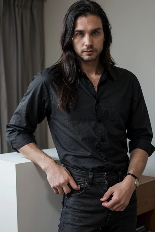 Handsome muscular slender White man, goth long black hair, black shirt and black jeans, elegant, unshaved stubble, 38 years old, deep eyes