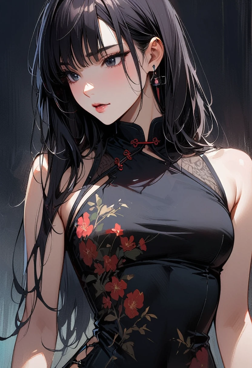 2 girls young girls black hair black eyes cyberpunk high quality masterpiece high detail half body photo Chinese style with tattoos wearing cheongsam fully exposed hair