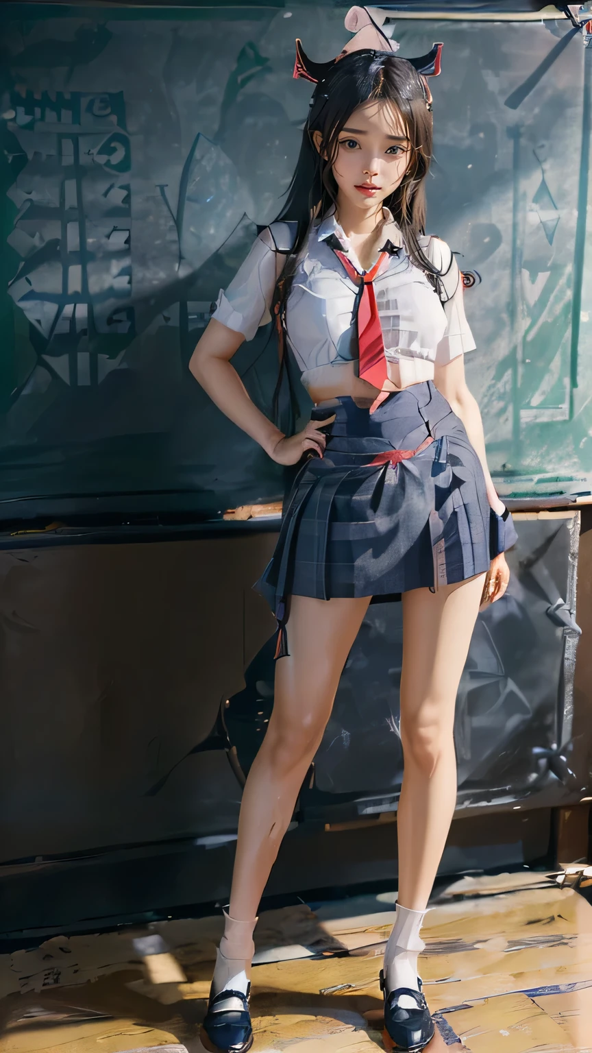 ((masterpiece)),(((最high quality))),(((((Full body shot of a girl taken from the floor:1.7))))),((Photograph the whole body from knee height:1.6)),((((((Please stand up straight:1.9)))))),((Thin thighs:1.3)),((Long legs:1.4)),(((Girl standing in a school classroom:1.7))),(((Micro Mini Skirt Uniform:1.6))),((Slim Model body type:1.8)),((Japan in summer uniform:1.8)),((Wearing a red tie:1.5)),(Wearing a white shirt with short sleeves:1.3),Her erect nipples are clearly visible under her clothes.,(Navy blue checked micro mini skirt:1.7),(:1.3),bangs,A small smile,((cute girl)),Slender girl,Black Loafers,(((short white socks up to the ankles,:1.2))),cute,The thighs below the groin are slim and firm,cute,Black hair ponytail,Thin legs,Slim Model body type,Very small waist,Small hips,Long thighs,Thin thighs,Thin hands,Long hands,((((Photograph the whole body from below:1.5)))),(((((k-popのIVEのWONYOUNGにそっくりの女の子:1.9))))),((Turn your whole body straight ahead:1.8)),((expensive:1.4)),(Stand with your legs straight without bending your knees:1.7),((Please stand up straight:1.7)),((turn your hips forward:1.7)),The ankles are super thin,beauty,Fine skin,Firm Skin,Realistically reproduced skin detail of thin legs,Very detailed, Attention to detail,high quality,Awards,High resolution,(Anatomically correct:1.3),(8k,RAW Photos,最high quality,masterpiece:1.5),(((女の子をPhotograthe whole body from below))),Height 173cm,((Please stand up straight:1.7)),((Please stand up straight:1.7)),((Please stand up straight:1.5)),((Please stand up straight:1.7)),(((Keep your back straight:1.8))),((Look forward:1.2)),9 head beauty,Model body type,((Inseam is half the height:1.3)),Thin thighs,((k-popのIVEのWONYOUNGにそっくりの女の子:1.5)),Tiny and slim waist,((In the background, a classroom is visible, with desks and a blackboard.:1.7)),(((beautiful girl:1.5)))