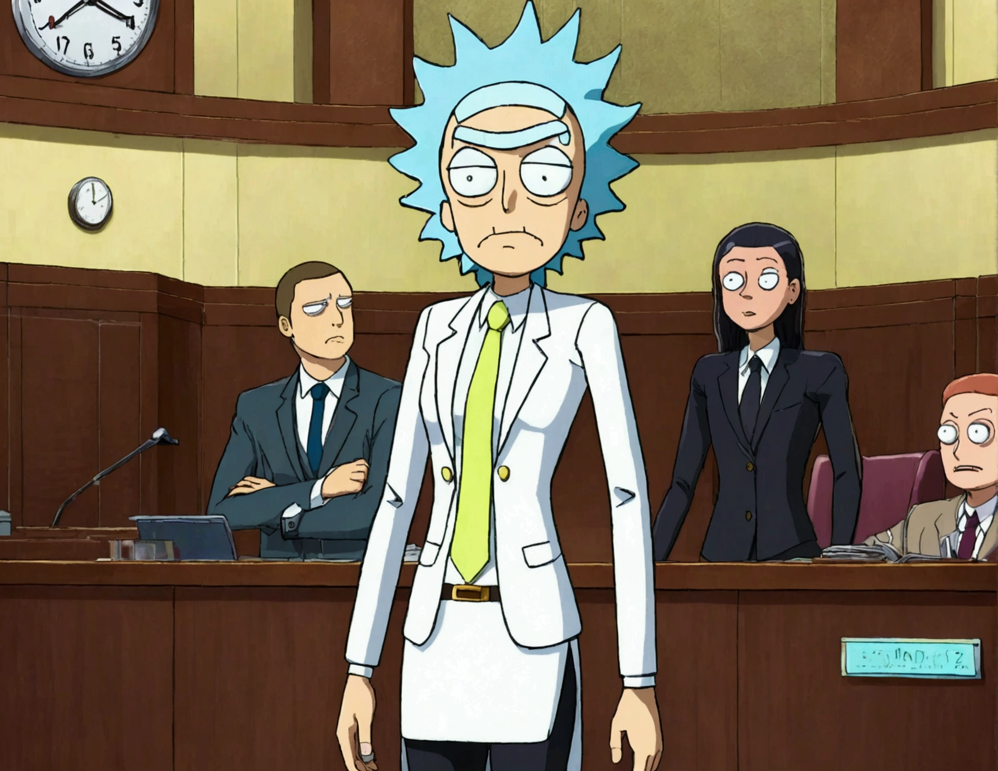 Clock work lawyer (very human, female, obvious mechanical seams at joints, doll like formal suit with mini skirt, glassy eyes) is in a court room, she is question Rick of rick and Morty (science outfit, witness stand), court room