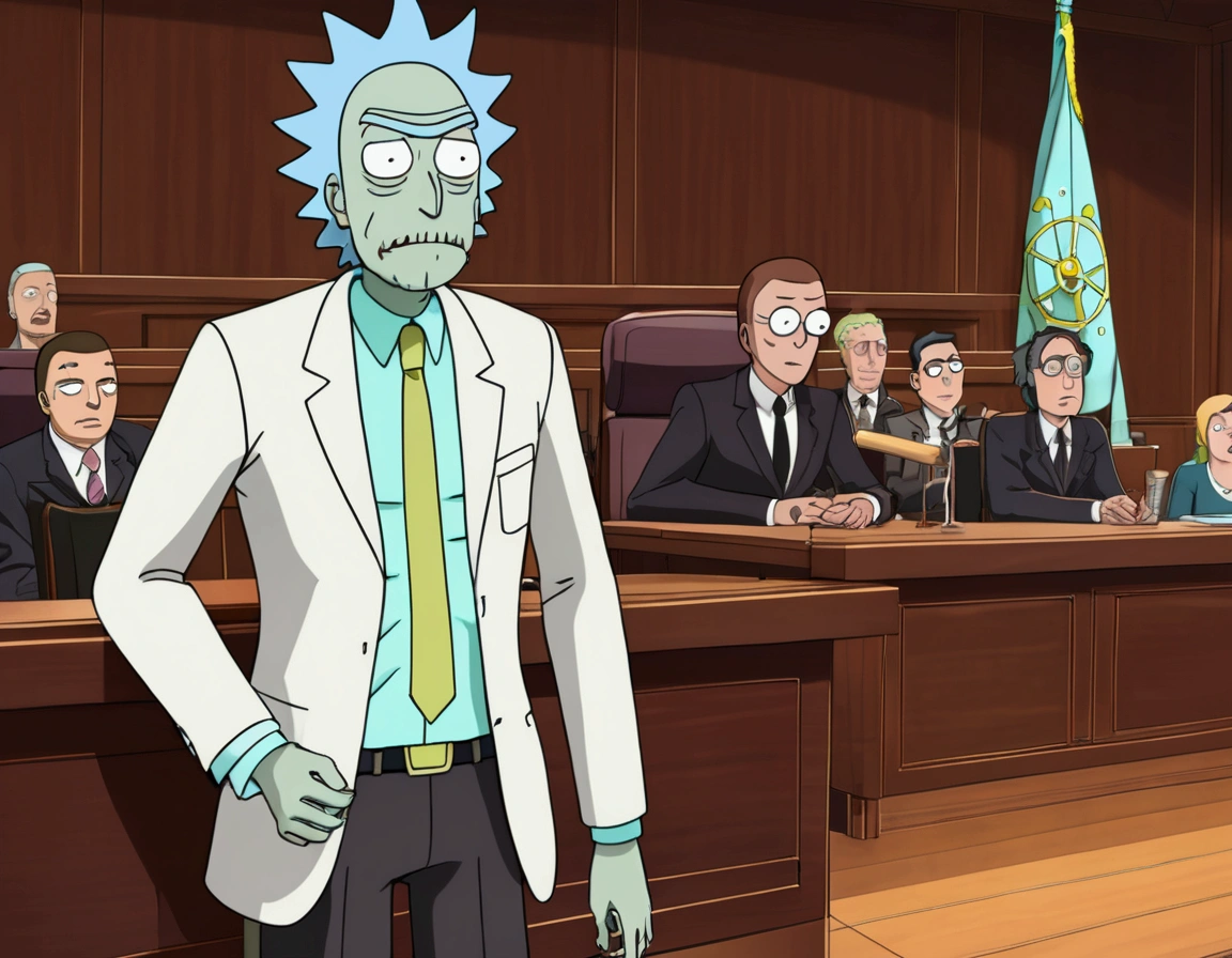 Clock work lawyer (very human, female, obvious mechanical seams at joints, doll like formal suit with mini skirt, glassy eyes) is in a court room, she is question Rick of rick and Morty (science outfit, witness stand), court room