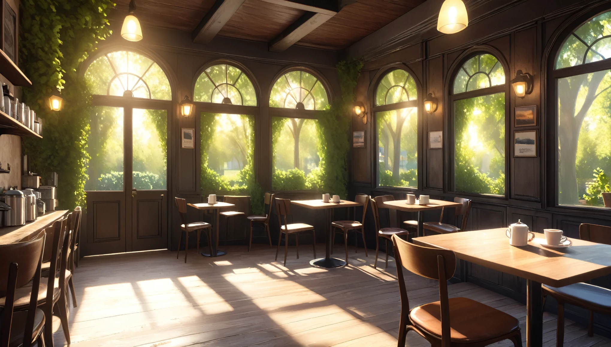 A cafe in an old house,Coffee cup,Sunlight filtering through the trees,Daytime,Highest quality, 8k, High resolution, masterpiece:1.2, Very detailed, Realistic:1.37, High resolution, 超High resolution, Very detailed, Professional, Vibrant colors
