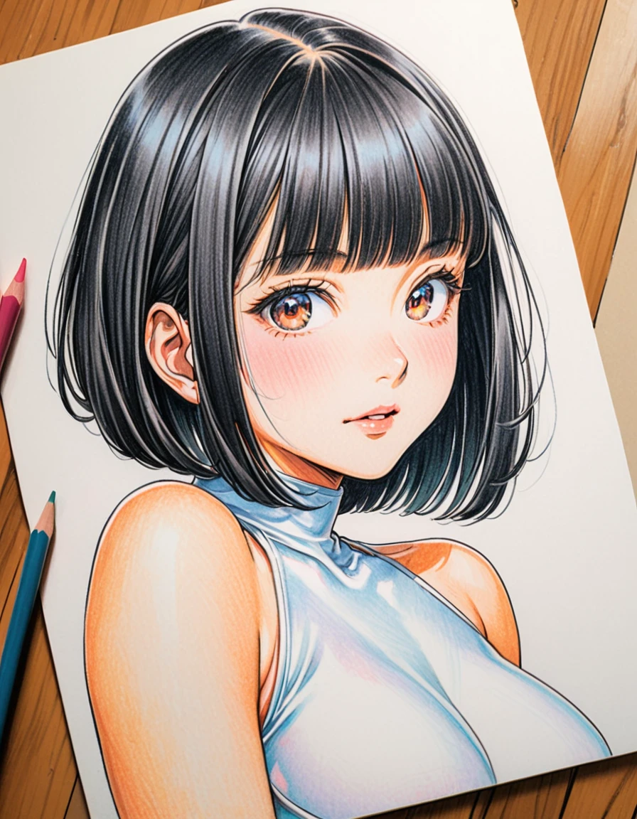 female, leotard, white, Art, ad, colour pencil drawing, illustration, bob cut