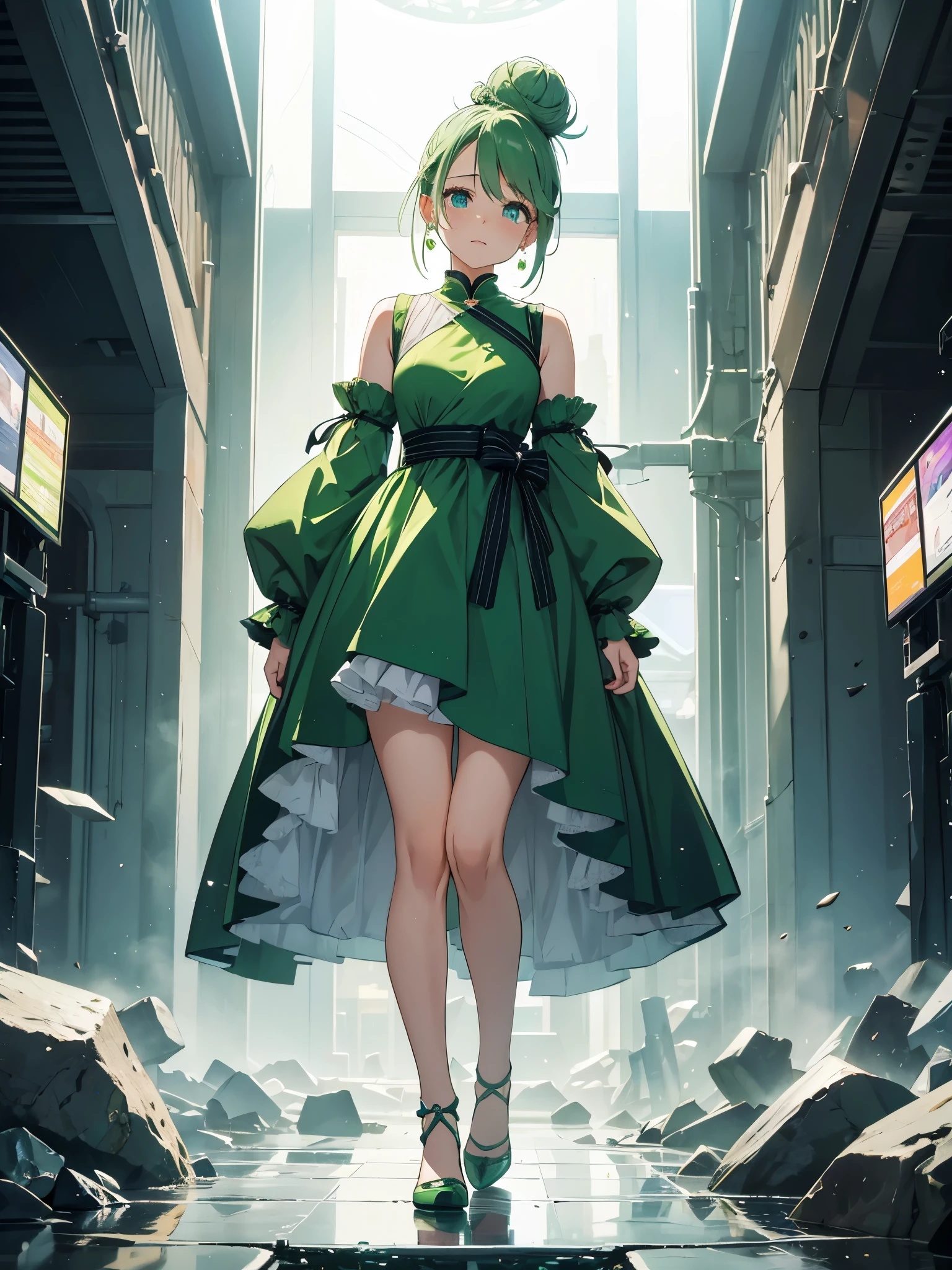Full body in frame、I have a smartphone、Green Hair、Bun Hair、High-resolution model without background, Crystal Earrings, One girl, Are crying, I want to cry, Sparkling eyes, Widescreen,