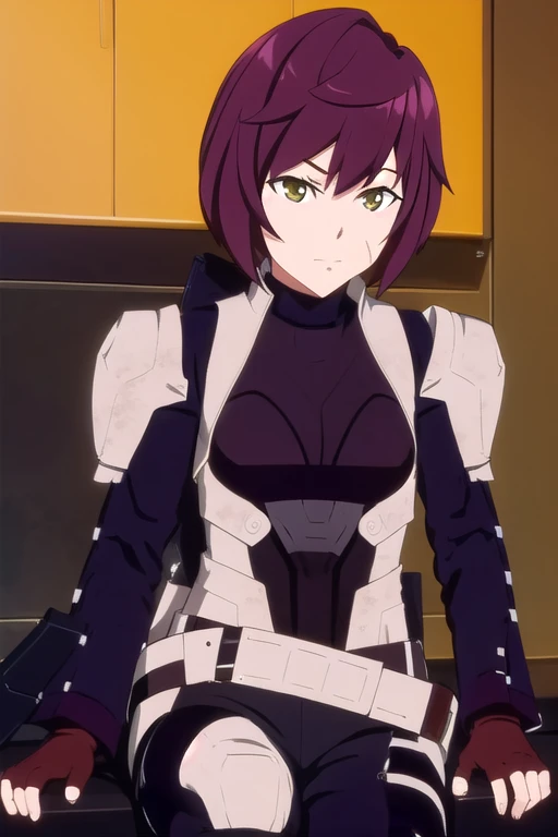 masterpiece, best quality, meipacrim, 1girl, body armor, sitting, fingerless gloves, indoors, closed mouth, solo, highres, Holding a gun pointing at me.