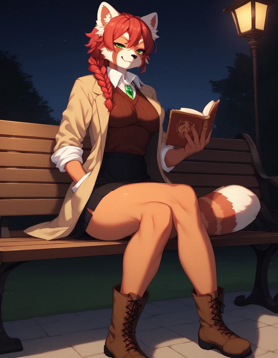 Solo, Score_9, score_8_up, score_7_up, kemono style, Kimiko, An Anthro furry red panda girl, red furry body, red panda tail, , black nose, red hair, braided hair, wearing over coat, long coat to shoes, knit sweater with breast window, rolled up sleeves, visible legs, long black skirt to knees, brown explorer boots, one hand in pocket, in fantasy park, moonlit night, mid angle shot, looking towards view, smug smirk, majestic, front view, sitting on bench, looking to side with head, holding book, long legs, athletic toned arms and legs, green emerald eyes, 