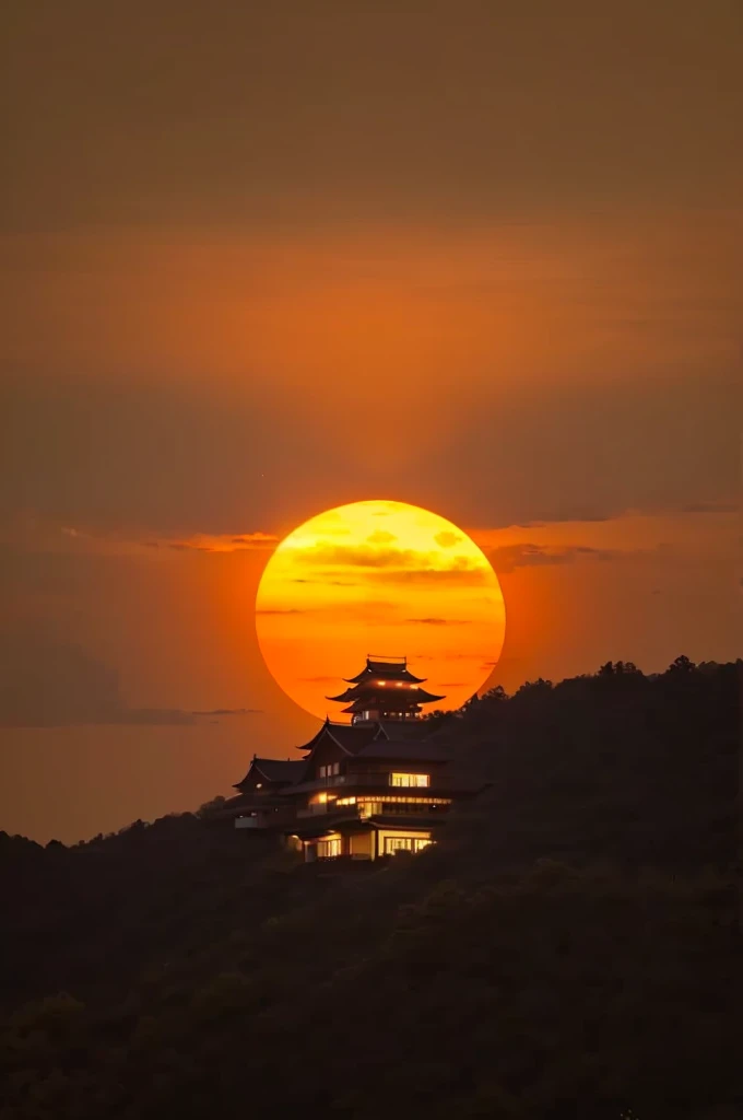 Arav view of a house on the hill，There is a huge orange sun in the background, sunset kanagawa prefecture, orange sun set, Sun sunset, Red sun above heaven, asian sun, Stunning sunsets, Sunset in the background, It becomes sunny, Sunset, Beautiful sunset, Sun at the top, red sun in the background, Sunset, Sunset Photos