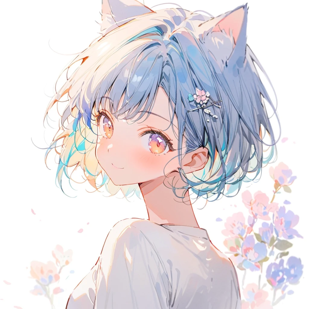 best quality, beautiful, (watercolor:1.2), girl, light blue, blue hair, short hair, cat ear, Upper Body, smile. white t-shirts, back glasses, look at me, big light color hairpin, white background