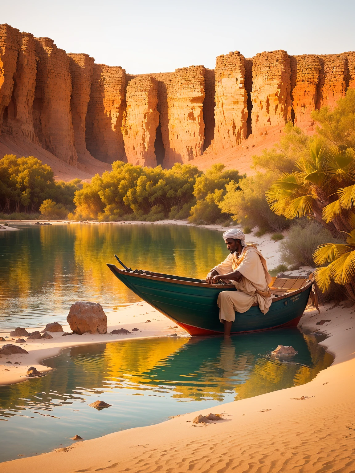 there is a man sitting in a boat in the water, in socotra island, warm glow, morning glow, at dawn, vibrant environment, evening At dusk, At dusk, in an oasis lake in the desert, in an african river, at Dawn, by the end of the afternoon, Oman, Sunset, in the twilight, End of the day, early in the evening, in the early morning