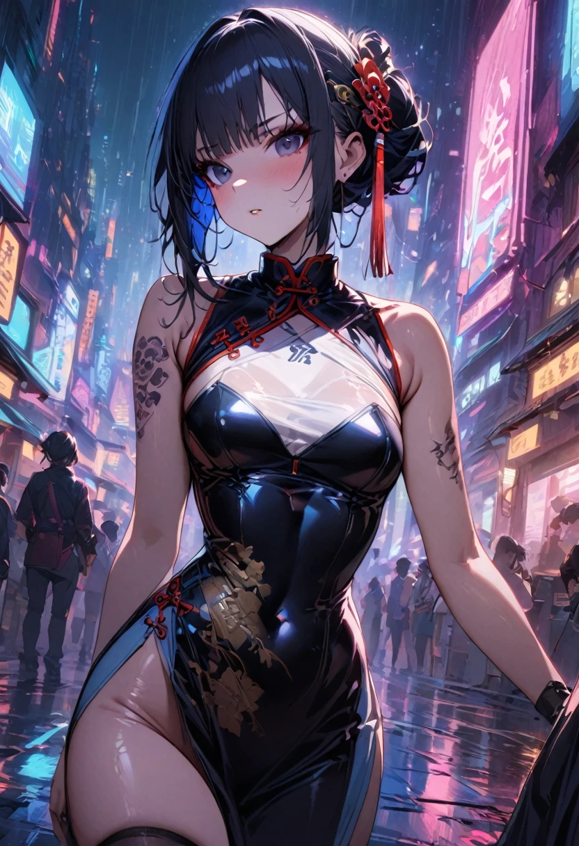 2 girls young girls black hair black eyes cyberpunk high quality masterpiece high detail half body photo Chinese style with tattoos wearing cheongsam fully exposed hair