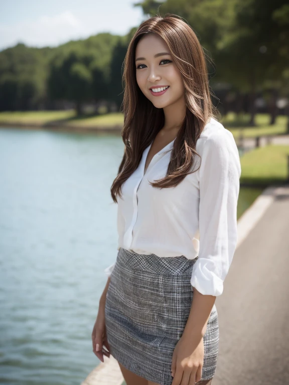 Tabletop, Highest quality, Realistic, Very detailed, finely, High resolution, 8k wallpaper, One beautiful woman,, Light brown messy hair, Wear a business suit, Short skirt、Sharp focus, Perfect dynamic composition, finelyて美しい目, Thin Hair, Detailed and Realistic skin texture, smile, Model body type、Beautiful legs、Standing on the shore of a lake、