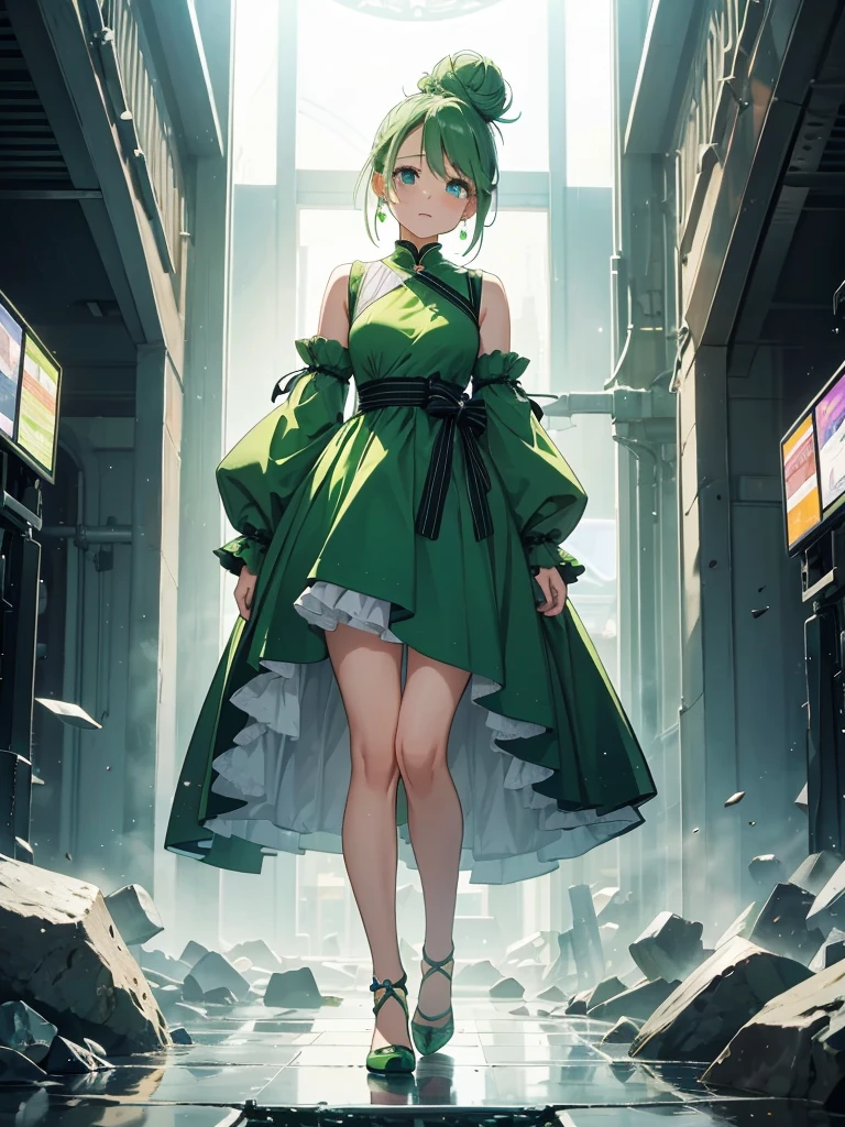 Full body in frame、I have a smartphone、Green Hair、Bun Hair、High-resolution model without background, Crystal Earrings, One girl, Are crying, I want to cry, Sparkling eyes, Widescreen,