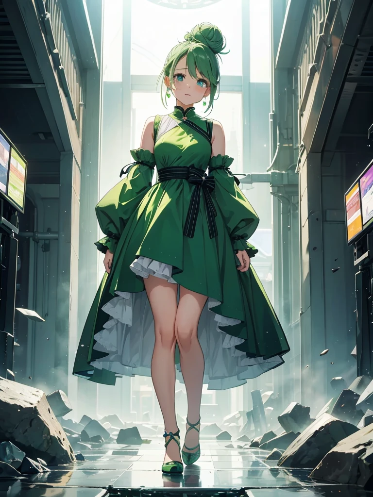 Full body in frame、I have a smartphone、Green Hair、Bun Hair、High-resolution model without background, Crystal Earrings, One girl, Are crying, I want to cry, Sparkling eyes, Widescreen, 