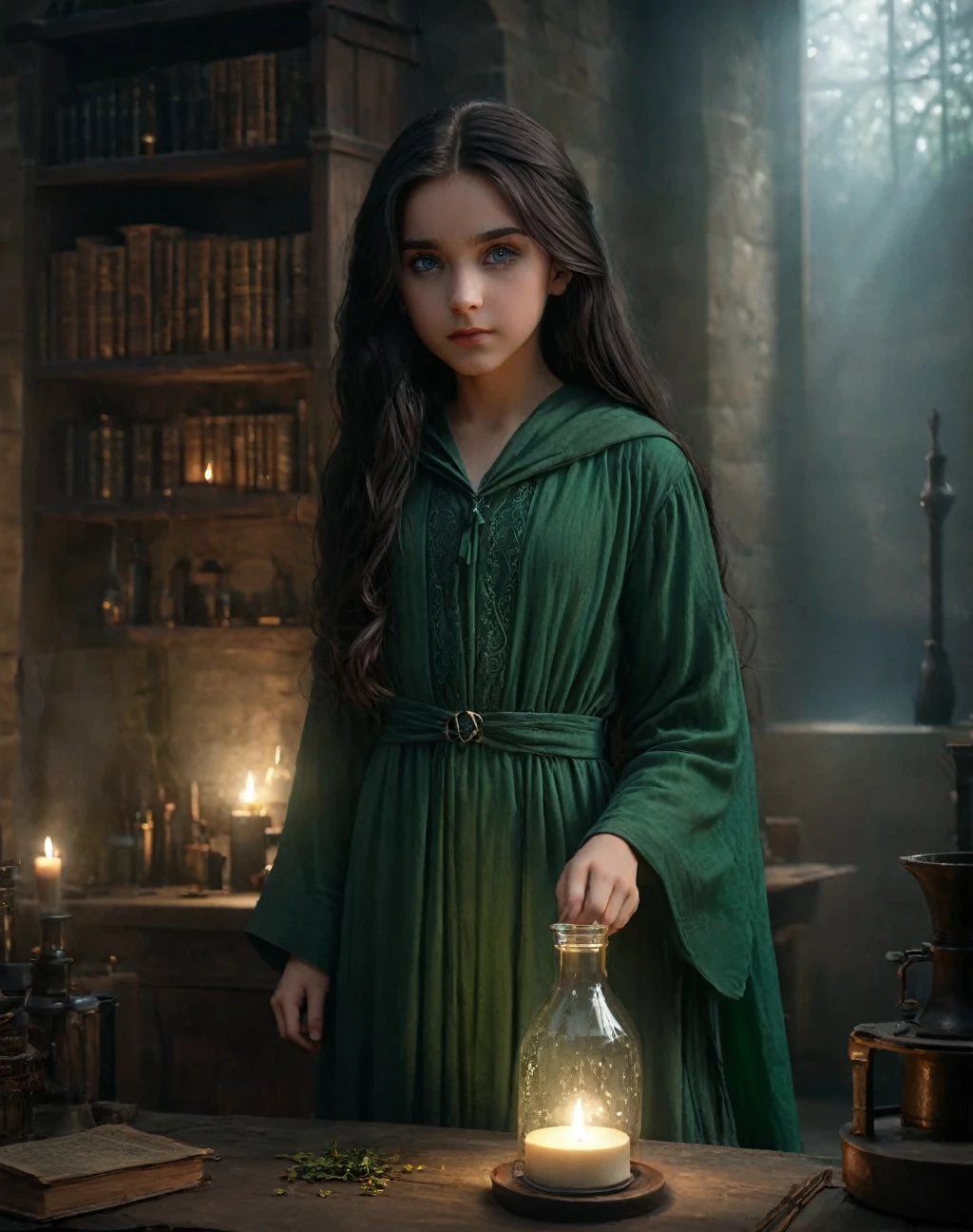 a beautiful young 11-year-old girl, daughter of severus snape ,with long dark hair, intense green eyes, and delicate features, dressed in a flowing robe, brewing potions in a dimly lit laboratory, (best quality,4k,8k,highres,masterpiece:1.2),ultra-detailed,(realistic,photorealistic,photo-realistic:1.37),dark academia,highly detailed face,cinematic lighting,dramatic composition,moody atmosphere,subtle magical elements