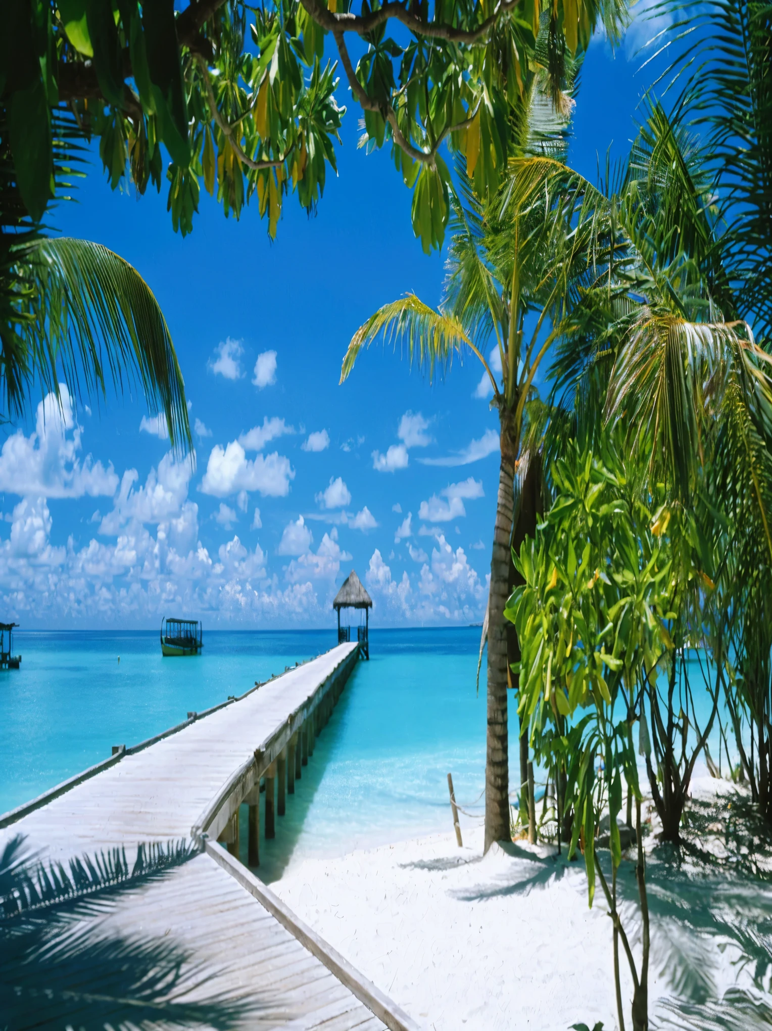 There is a wooden pier leading to a beach lined with palm trees, Tropical Beach paradise, breath-taking beautiful beach, Tropical Beach, beautiful beach, beautiful Tropical Islands beach, Beautiful wallpapers, Tropical Paradise, Wallpaper - 1 0 2 4, Beautiful high resolution, Tropical Regions, beautiful place, at a Tropical Beach, Tropical Islands, Amazing background, maldives in background