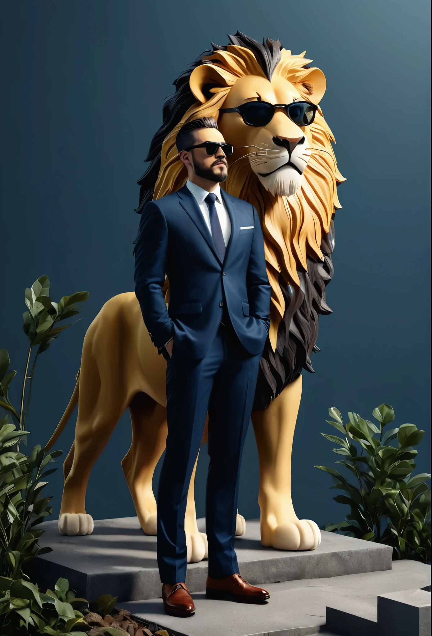 high resolution, atmospheric scenery, Isometric 3D, character design images, Wearing dark glasses.,man wearing a suit,lion standing beside,gold background,pile of gold