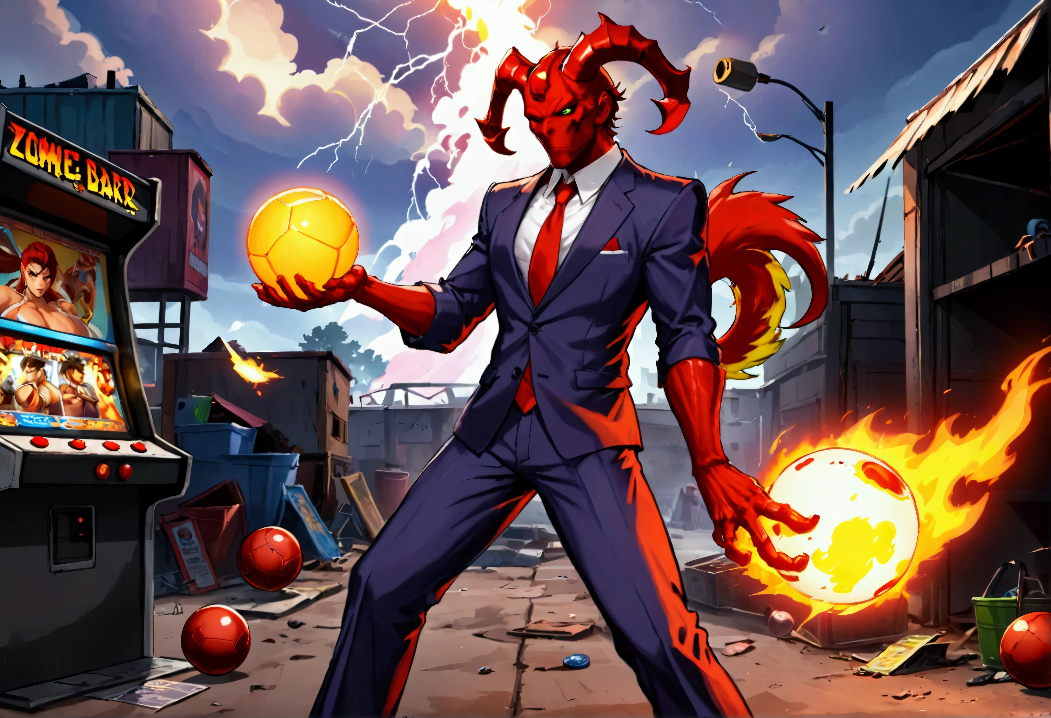 (Street Fighter 2 style arcade game) Devil lawyer (red horns and tail, lawyer suit, lean build) holding a ball of fire in hand battling a zombie lightning mage, set in a junk yard, health bars and titles
