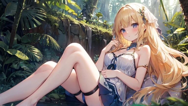 super high quality, Super detailed, Ultra-clear, forest, one person, long blonde hair, sleep, Swimsuit, Clothes with intricate and colorful details, mini skirt, Stockings