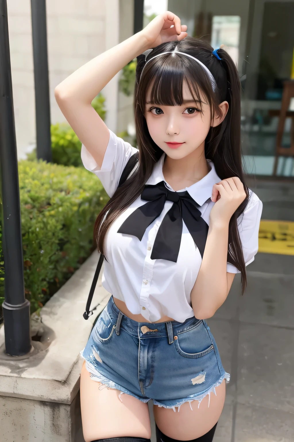 Highest quality、8k、Junior high school girl、Big Breasts、Denim shorts、Black Knee High、Thighs、Sexy pose、Black knee socks、Thighsで挟む、PET bottles、banana