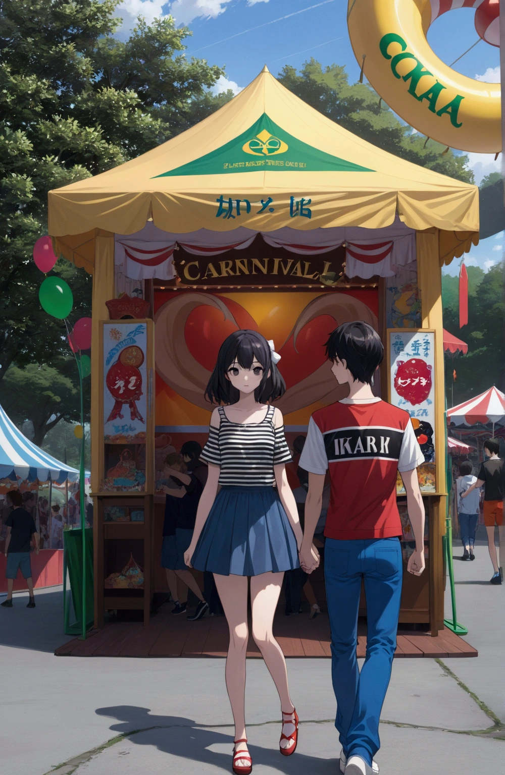 anime illustration of teenage couple walking together at carnival fair, (both : front view, looking at viewer), (1girl, solo,full body), (masterpiece, best quality), pencil