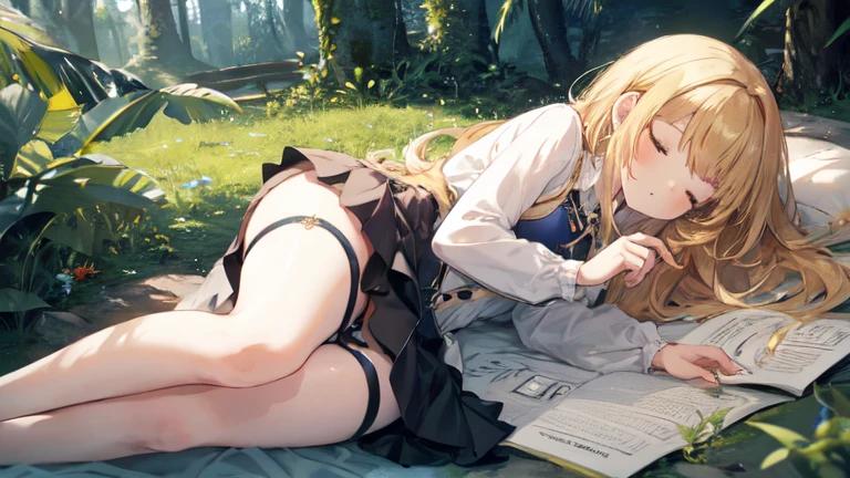 super high quality, Super detailed, Ultra-clear, forest, one person, long blonde hair, sleep, Swimsuit, Clothes with intricate and colorful details, mini skirt, Stockings