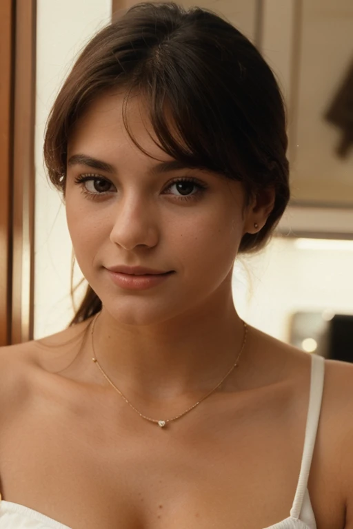 (A close-up of a beautiful young woman around 20 years old wearing 1987&#39;s style clothing, oriental, Studious girl) and the following physical characteristics: Physical Characteristics: (face: form: Oval or slightly rounded, with a softly defined jaw and a prominent forehead. eyes: Large and almond-shaped with a slight upward slope. Eye makeup is a mix of thick black eyeliner (kohl) to highlight the shape, along with a subtle touch of Japanese makeup for an expressive yet refined effect. Eyebrow: Well defined and slightly arched, combining the Mesopotamian style of prominent eyebrows with the thinner, more natural shape of Japanese eyebrows. nose: Straight and well defined, with a balanced prominence that reflects both Mesopotamian aesthetics and the subtlety of Japanese noses. boca: Thin, delicately curved lips, with an elegant shape that fuses Japanese finesse with Mesopotamian proportionality.) (hair: hairstyle: long, smooth and dark, collected with Japanese ribbons.) (body: Size and Proportions: Figure balanced between robustness and thinness. The waist is slightly defined, with a proportionate bust and hips, reflecting an aesthetic balance between both styles. Chest and Hips: The chest is rounded and the bust and hips are well formed, with a balance between the stylized figure and the appreciation for fertility. legs and arms: Slim and toned, with a robust texture that reflects vitality and elegance. fur: application: Dark Intermediate, with a light tan. A golden or tan tone with a natural, luminous finish. texture: Smooth and well maintained)) [Mixes the features of Kasumi Arimura and Golshifteh Farahani]
