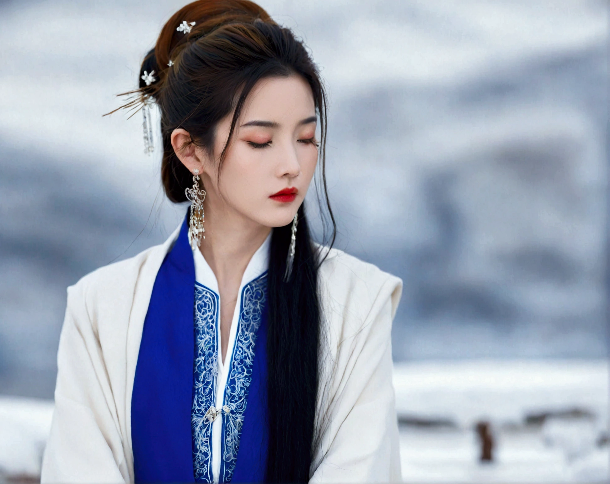 1girl, solo, black hair, hair ornament, dress, jewelry, closed mouth, opened eyes, upper body, earrings, blurry, blurry background, chinese clothes,White coat， red dress, red lips