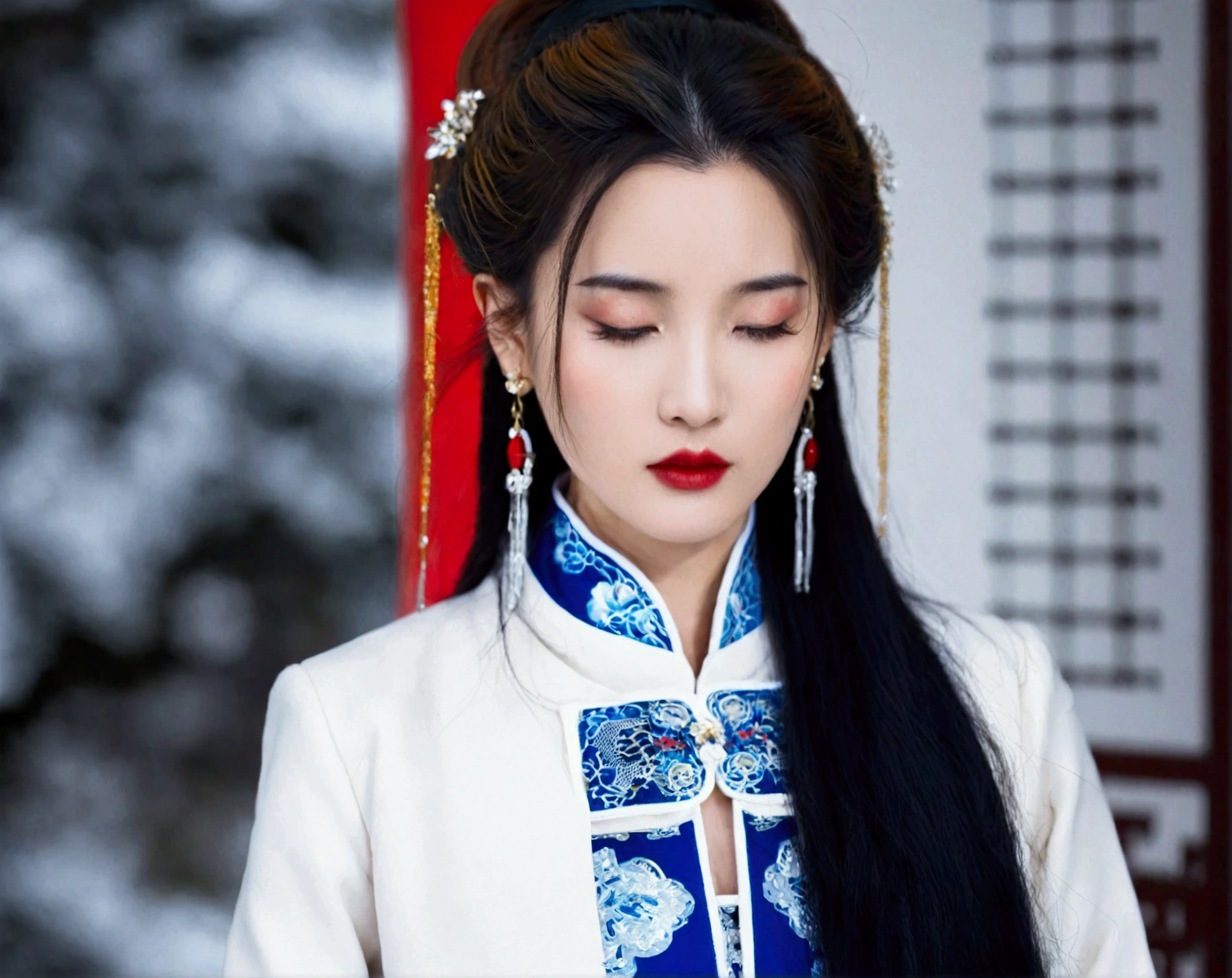 1girl, solo, black hair, hair ornament, dress, jewelry, closed mouth, opened eyes, upper body, earrings, blurry, blurry background, chinese clothes,White coat， red dress, red lips