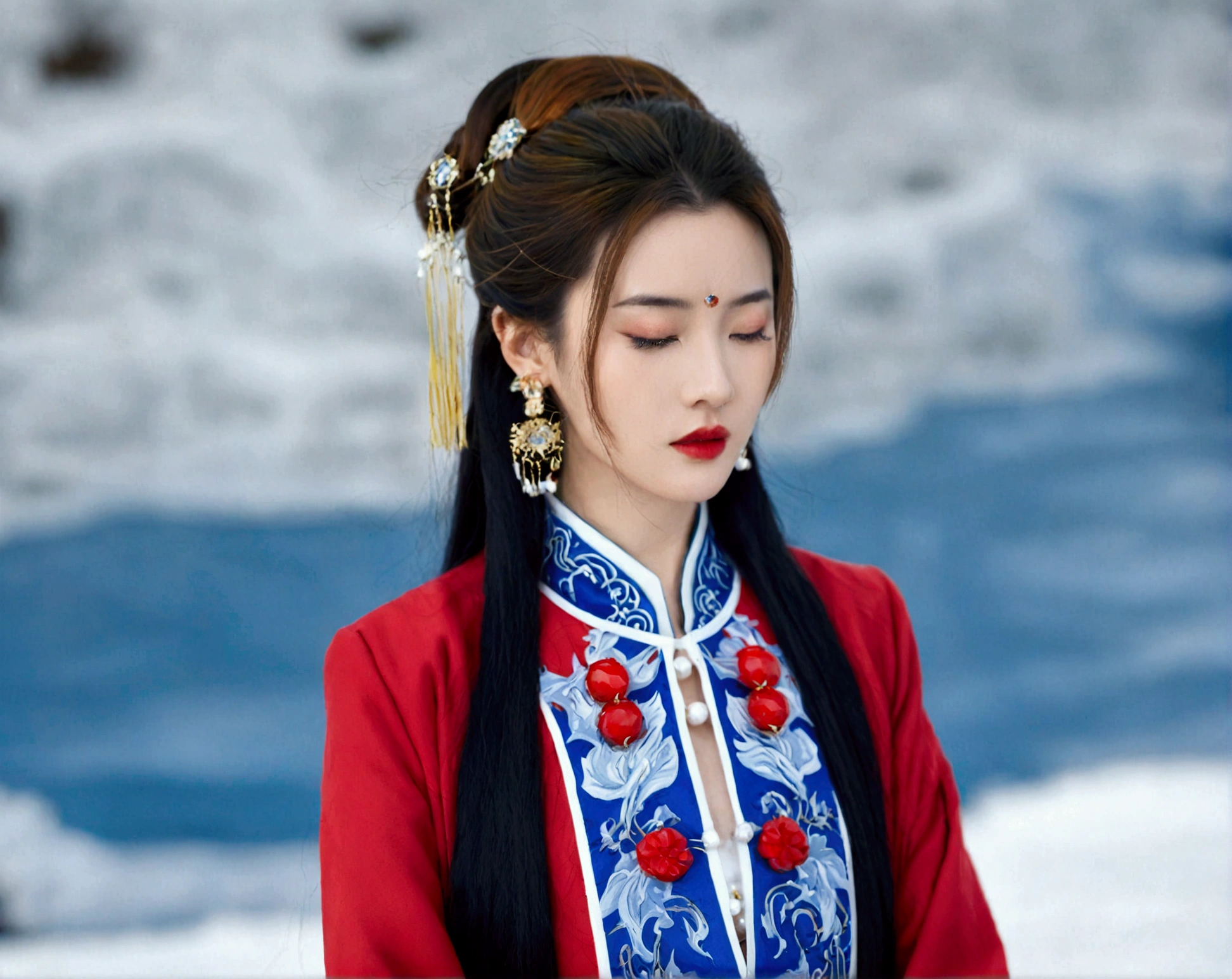 1girl, solo, black hair, hair ornament, dress, jewelry, closed mouth, opened eyes, upper body, earrings, blurry, blurry background, chinese clothes,White coat， red dress, red lips