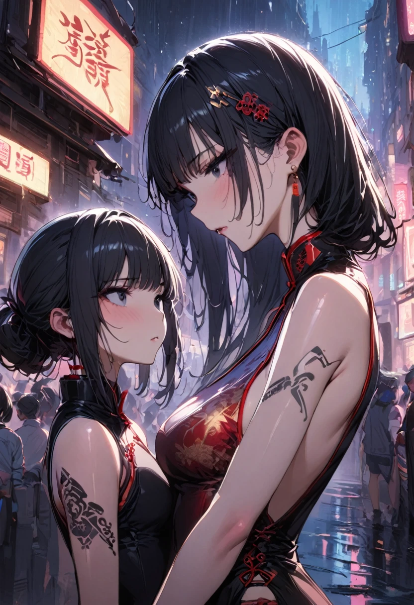 ((2 girls)) Young girl black hair black eyes cyberpunk high quality masterpiece high detail half body photo Chinese style with tattoos wearing cheongsam with full hair exposed