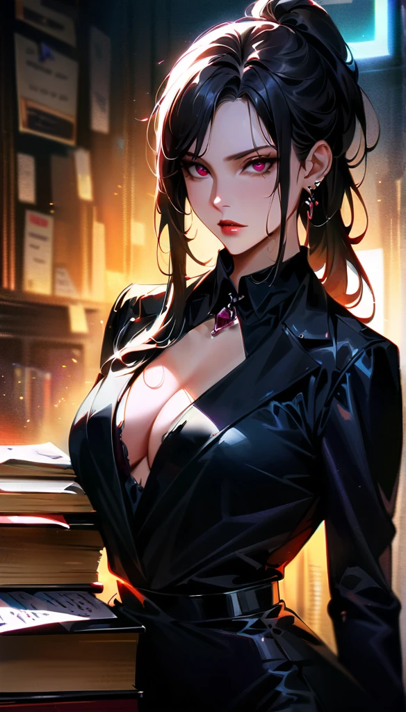 a sexy and tempting lawyer, elegant black dress, long hair tied tightly in a ponytail, she is holding a briefcase and a stack of documents with contracts to be signed dramatic makeup, piercing gaze, ominous and threatening look, best quality, 8k, highres, masterpiece, ultra-detailed, photorealistic, studio lighting, extreme detail description, realistic photography