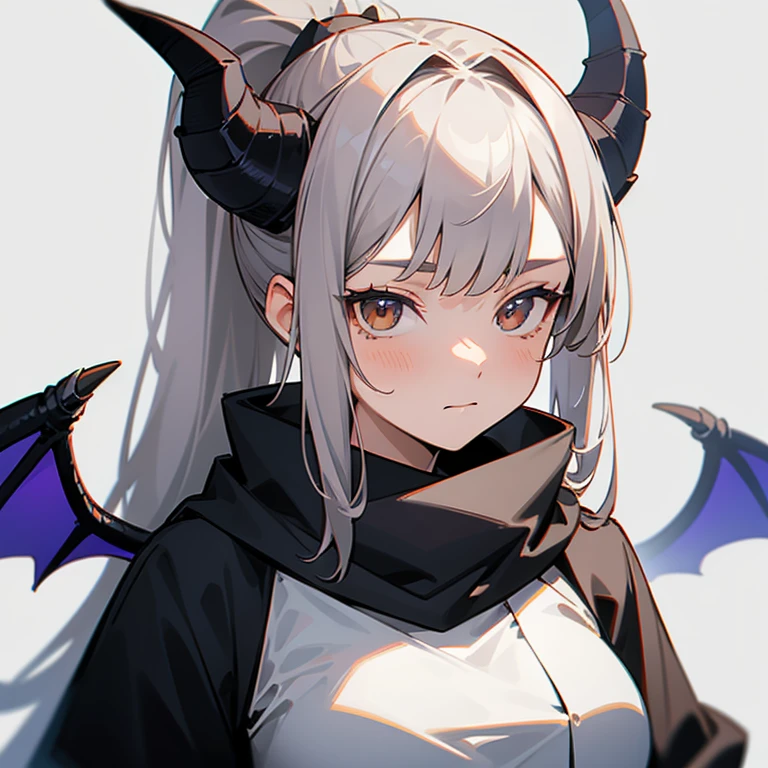 best quality, masterpiece, highres, solo, girl with horns, grey_hair, black dragon_horns, ponytail, long_hair, bangs, upper_body, brown_eyes, has blue dragon wings, breasts, 1girl, wears jacket, looking_at_viewer, portrait, scarf, simple_background, black_scarf, closed_mouth, grey_background, white_background