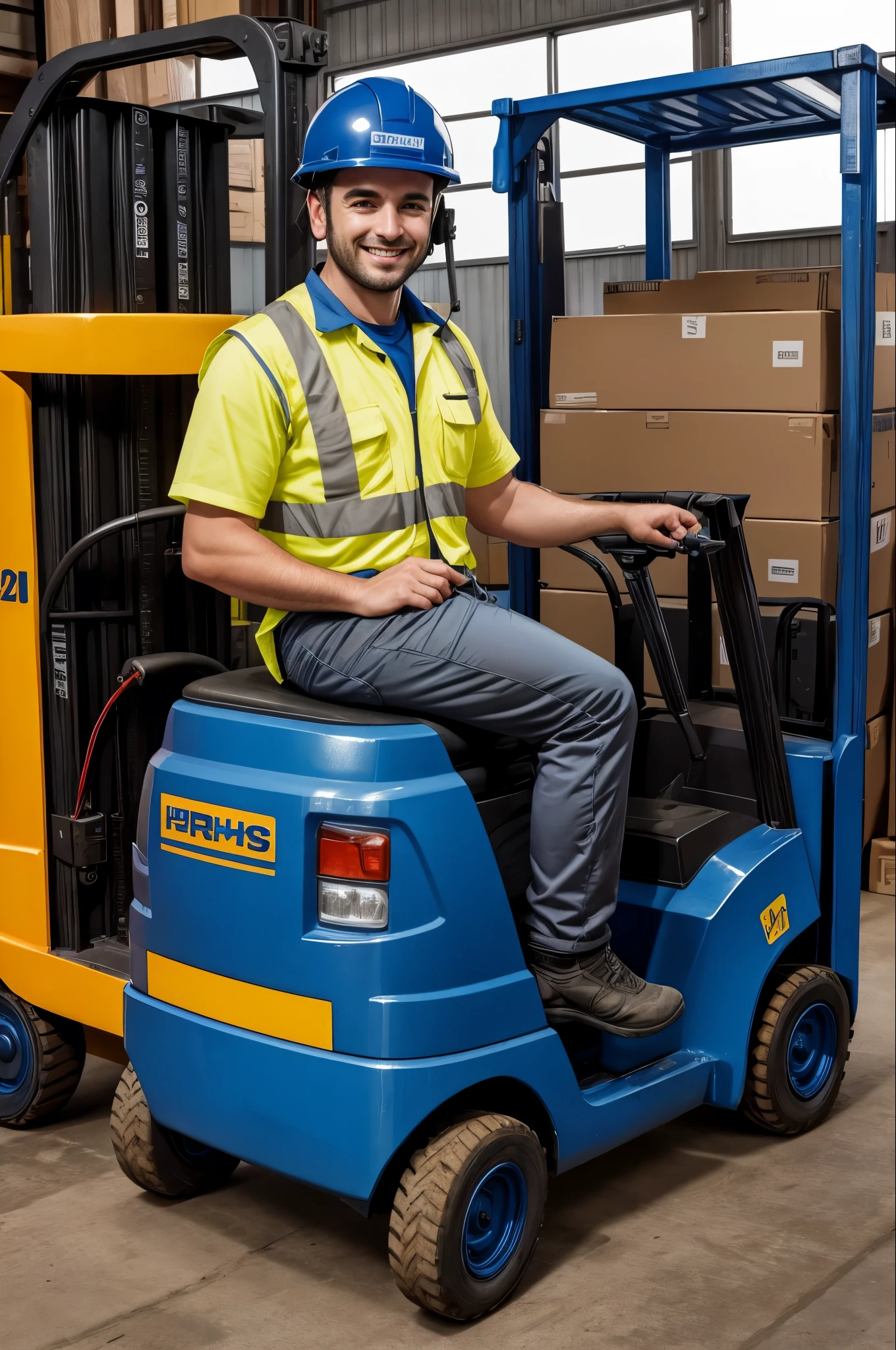 30 year old man working happily, Grinning, driving forklift, factory uniform, blue helmet, face perfect, maos perfeitas, ultra HD, 8k, no duplicate