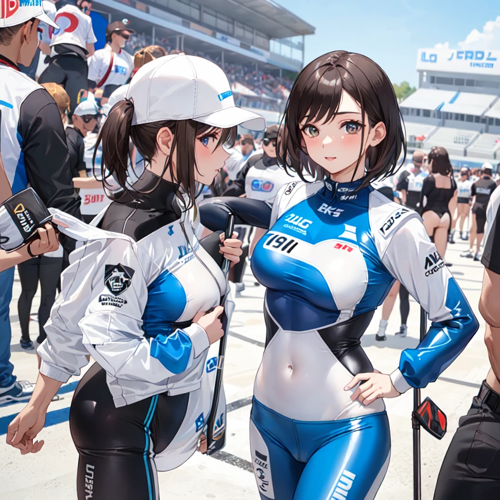 (masterpiece, best quality: 1.2), pretty girl, 18 yo, (white, race queen), (fight-fitting grid girl outfit with sponsor's logo printed:1.3), tight-fitting high leg leotard, long-sleeve latex leotard, medium breasts, cowboy shot, looking at viewer,
short hair,