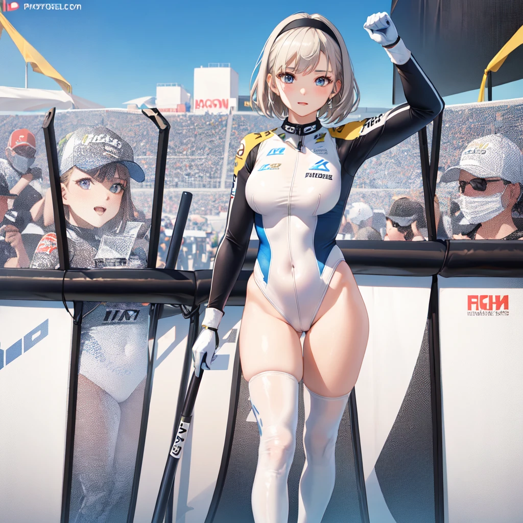 (masterpiece, best quality: 1.2), pretty girl, 18 yo, (white, race queen), (fight-fitting grid girl outfit with sponsor's logo printed:1.3), tight-fitting high leg leotard, long-sleeve latex leotard, medium breasts, cowboy shot, looking at viewer,
 short hair, 
