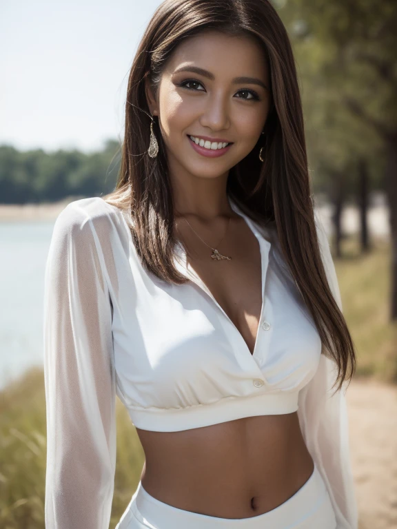 (masterpiece, Highest quality, Realistic, Very detailed, In detail, High resolution, 8k wallpaper), Beautiful woman close-up, Standing on the shore of a lake, necklace, smile, Light brown messy long hair, Wearing a black business suit, White color see-through blouse， A blouse worn directly against the skin without underwear，Blouse unbuttoned to the chest，See-through chest，Exposed breasts，tight short skirt, Large Breasts, Perfect dynamic composition, Beautiful details, Detailed Hair, Detailed and realistic skin texture, Fashion magazine cover, Professional photography, ,xx mix_１girl