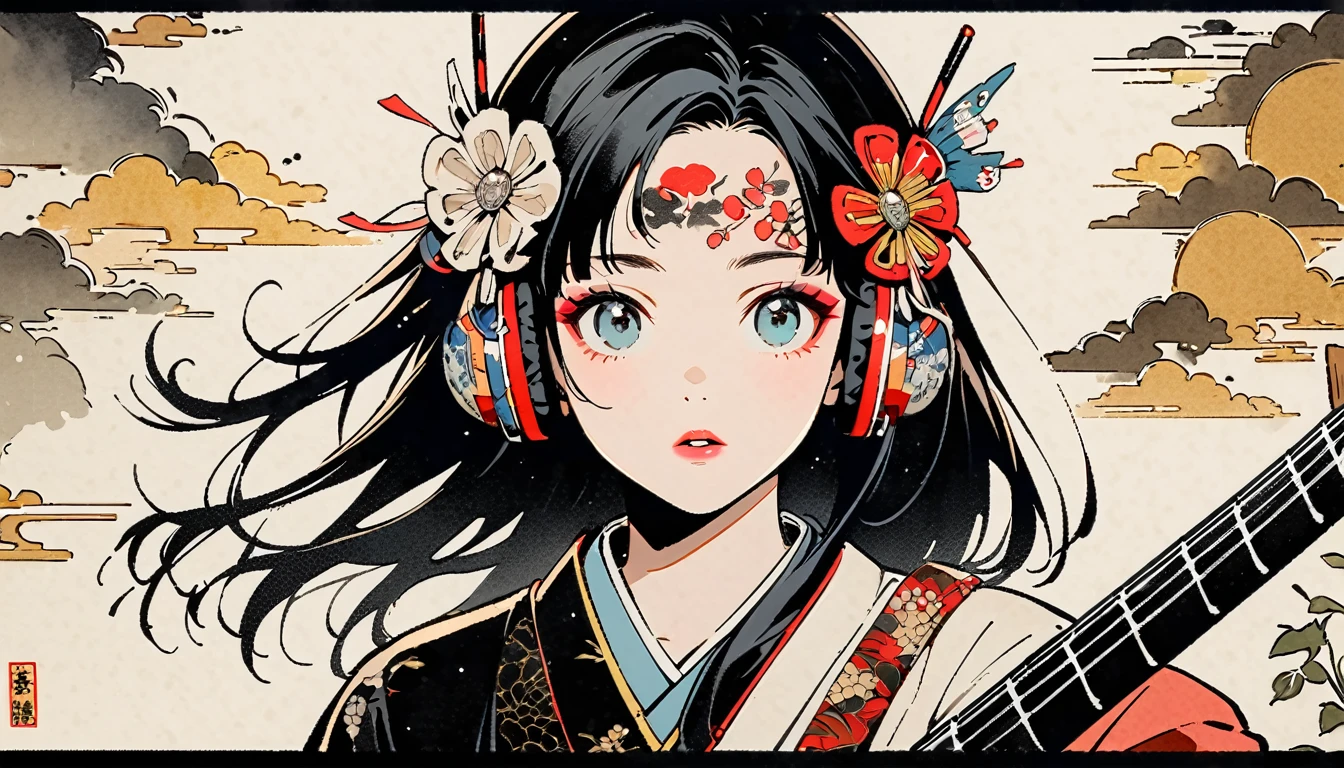 (((Ink Painting))), Fashion portrait color photos, (((1 girl))), (((Playing electric bass))), (((Tattoo in the center of the forehead))), (((Very flashy hair accessories))), (((Very flashy makeup))), Japanese style headphones, front view, Japan人の美少女, Black Hair, Delicate and precise, Modern ukiyo-e style,Japan, Droopy eyes, round face, Fuller lips