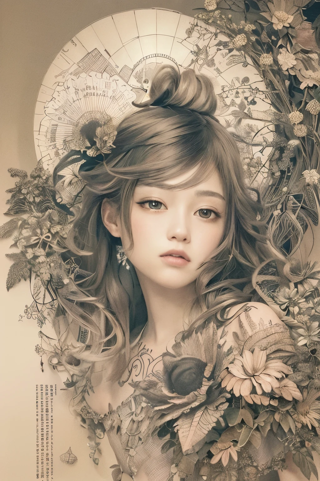 ((((masterpiece))), tattoo、Highest quality, An illustration, Beautiful details shine,
paper_cut, The details of a fragile girl's face captured on camera, wood, moon, butterfly,Wind、star、spider、Ladybug、centipede