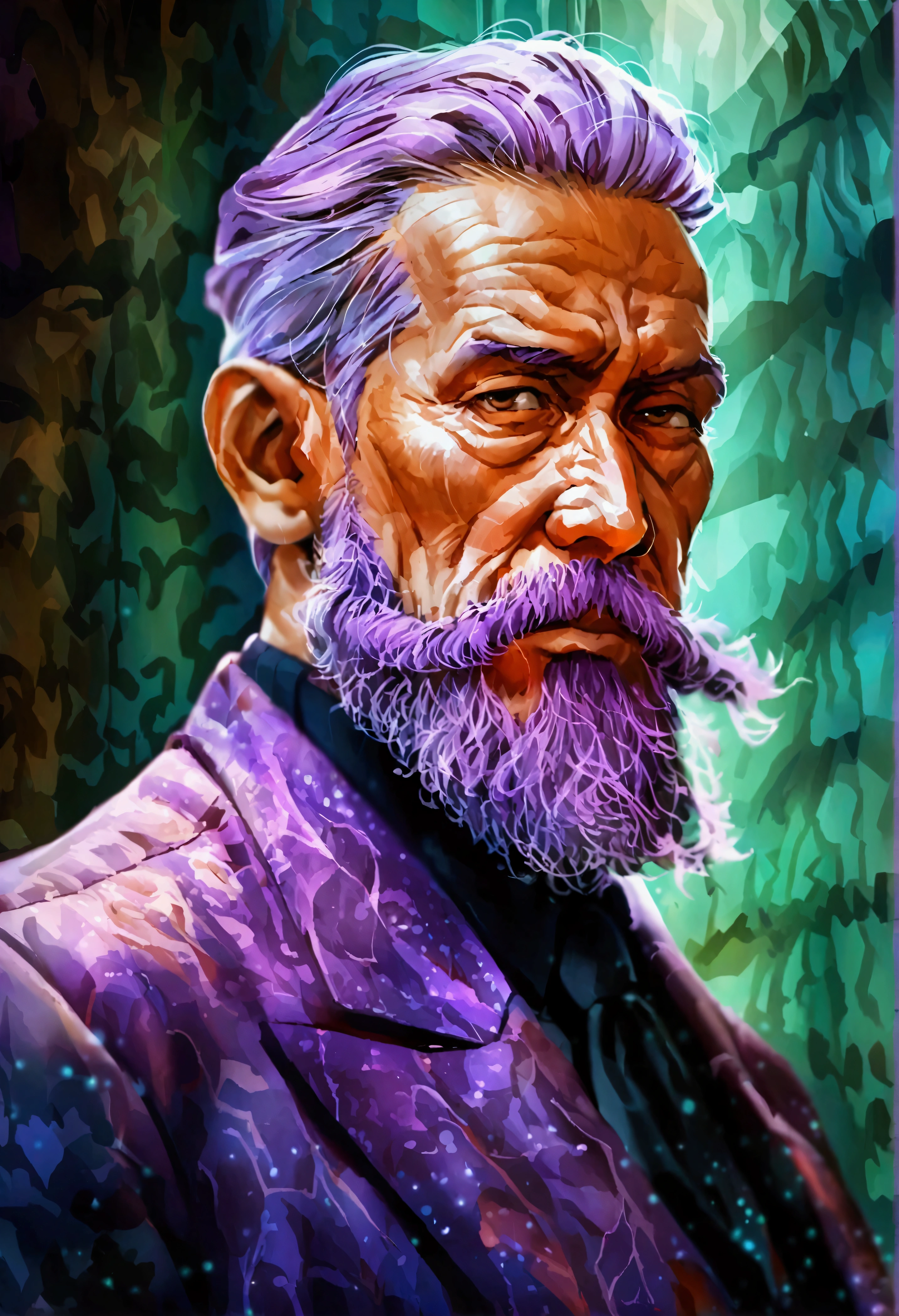 (Purple Hair,Slicked back),purple suit,Purple beard,architect,old,Illustration style