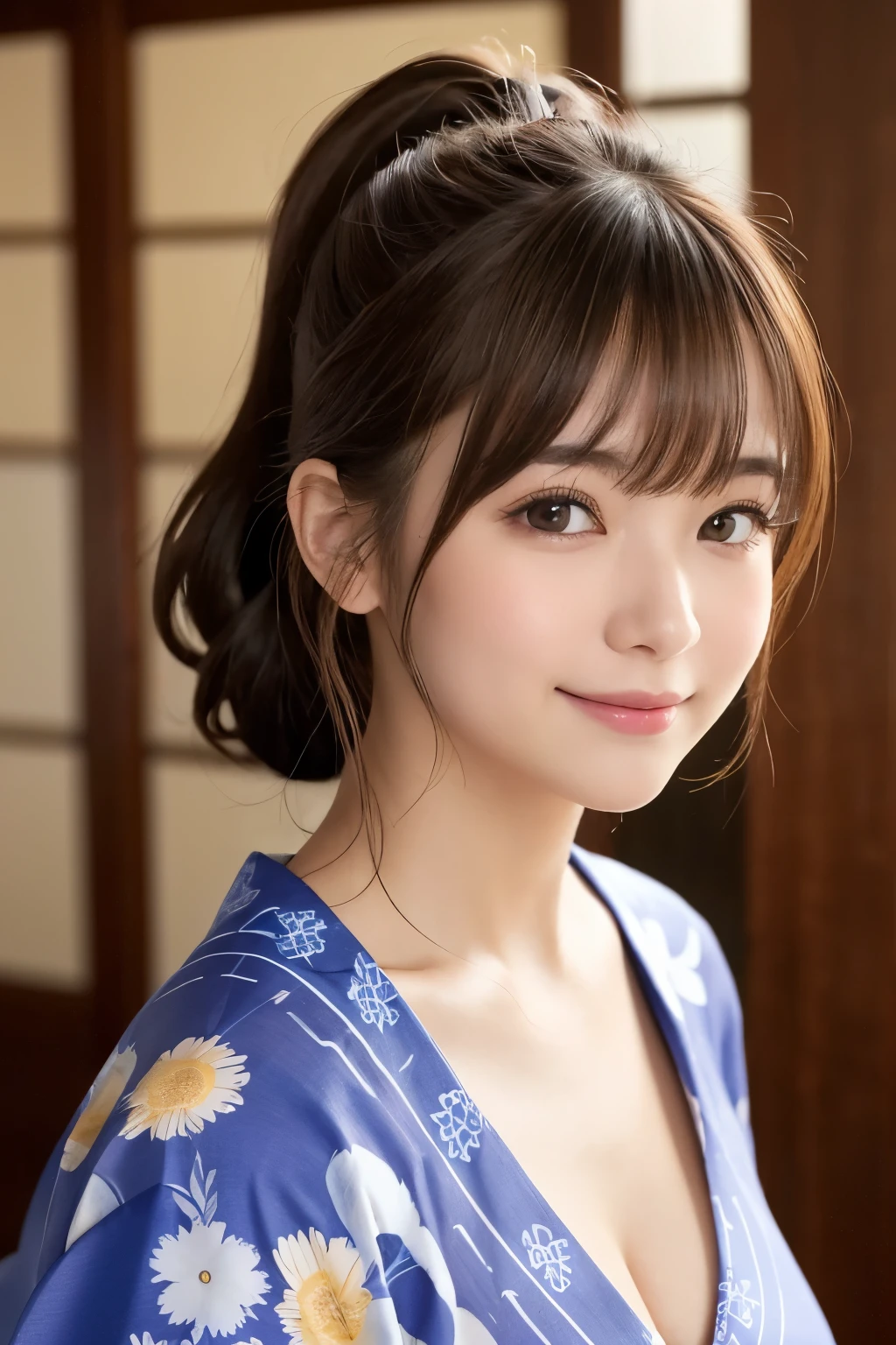 bright表情、Realistic:1.32、Highest quality、Ultra-high resolution、最も美しい日本のgirlの写真、Cute and beautiful facial details、Small face、美しいbangs、14 years old、Shine、Shine肌、Hair gets tangled in the face、(girl1Only people:1.3)、顔まで伸びるbangs、bangs、Hair between the eyes、Attractive brown silky hair、bright、彼女の澄んだ瞳は魅力的にShine、Cute pose、Highest quality、((世界一可愛いgirl))、Japanese、((Floral yukata:1.4))、((Upper Bodyの浴衣を開く:1.4))、Newest Brands、(ponytail:1.3)、(Showing her boobs:1.3)、Nice and cute、An innocent smile、nice smile、Cleavage、Underarm、(Big Breasts:1.4)、(Showing erect nipples:1.5)、Brown Hair、Small waist、Beautiful eyes in every detail、View your viewers、Upper Body、Face close-up、Front view、Bedroom at night