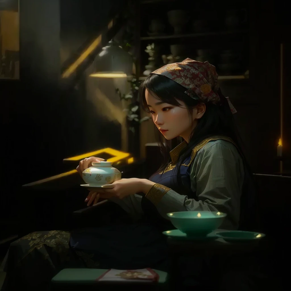 Arav women sitting at the table,Drinking tea, Movie. Leng Jun, Drinking tea and paper lanterns, mysterious coffee shop girl, Movie Stills, Movie Stills, Still frame from a movie, by Zou Zhe, author:Ni Yuanlu, Real-life stills, Fantasy Stills