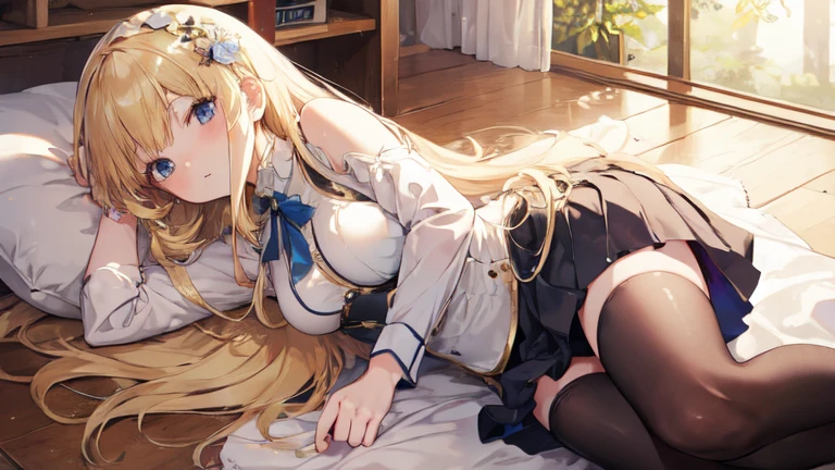 super high quality, Super detailed, Ultra-clear, forest, one person, long blonde hair, sleep, Swimsuit, Clothes with intricate and colorful details, mini skirt, Stockings